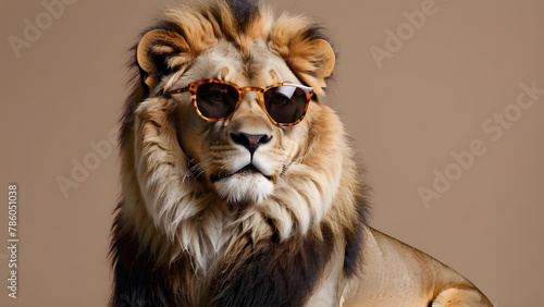 Portrait of a lion wearing sunglasses on a beige background.