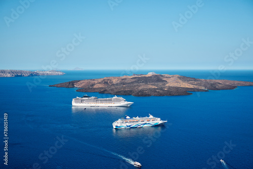 Volcanic island and cruise ships, Santorini, Greece