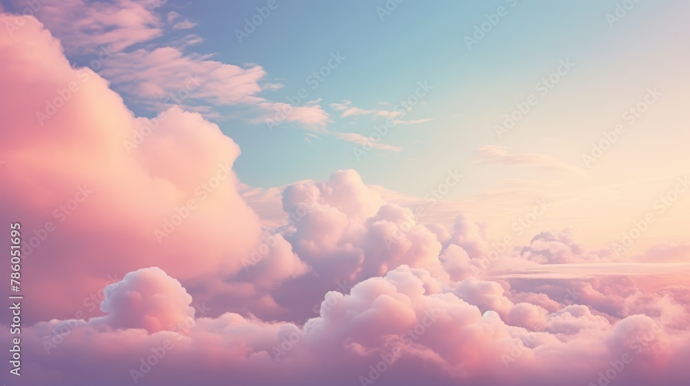 Surreal cloud podium outdoor on blue sky pink pastel soft fluffy clouds with empty space. Beauty cosmetic product placement pedestal present promotion minimal display, summer paradise dreamy concept