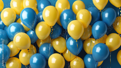 Blue and yellow balloons on a blue background.