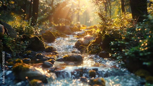 A serene mountain stream winding its way through a sun-dappled forest, with moss-covered rocks and vibrant foliage lining its banks, a tranquil oasis amidst the wildernes photo