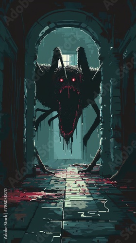 Bring The Crawling Horror to life in a pixel art style, highlighting its eerie movements and sharp fangs in a shadowy, claustrophobic setting Use a limited color palette to enhance the creatures unset photo