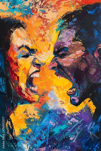 Capture the intensity of a heated argument between two individuals, using bold colors and dynamic brush strokes in acrylic paint Showcase the emotional turmoil and tension in their expressions and bod © Sataporn