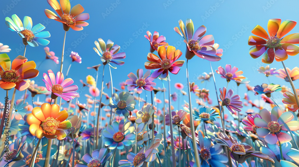 Rainbow 3D flowers on azure evoke a cheery, vibrant indoor ambience.
