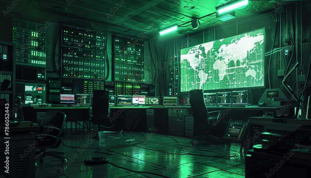 A dark and green room filled with computers and a world map. A dark and green room filled with computers and a world map.