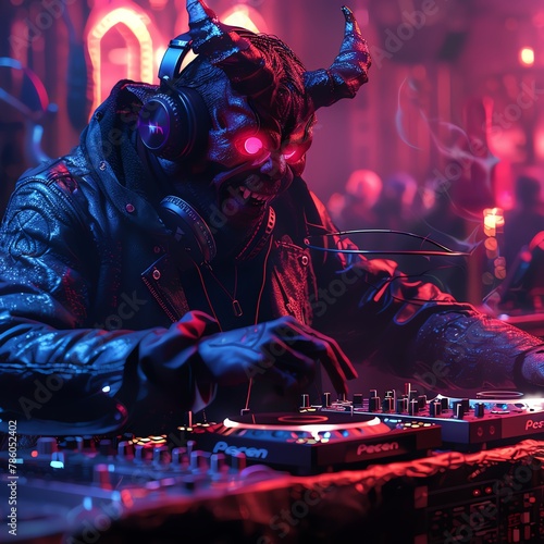 A demon is standing at a dj turntable and is mixing some sick beats