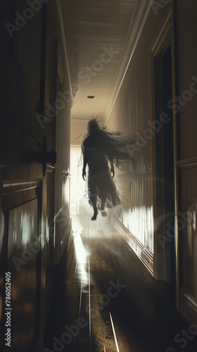 Illustrate a haunting scene of a wraith materializing in the shadows of a dimly lit hallway, glaring at the unsuspecting family with malevolent intent Use digital rendering techniques to capture the e