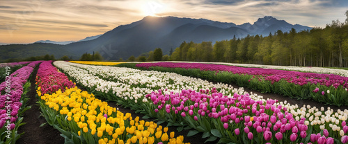 Spring background panorama banner - yellow white tulips landscape