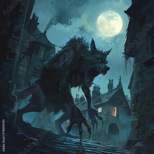 Illustrate the menacing Chupacabra emerging from the shadows, its sharp claws glinting under the pale moonlight, evoking fear and mystery Capture the tension between the townsfolk as they cautiously u photo