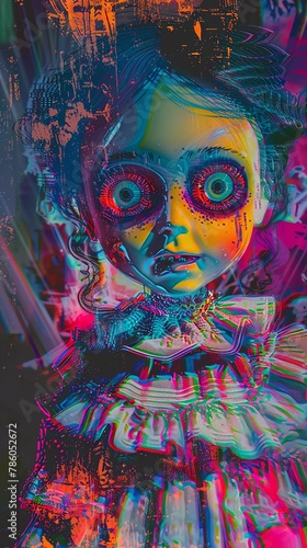 Visualize the Haunted Doll through a digital glitch art lens, distorting its form to showcase its otherworldly nature Utilize vibrant colors and jagged lines to create a sense of unease