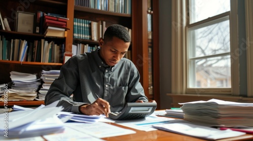 A man sitting at a desk surrounded by paperwork, using a calculator to crunch numbers. photo