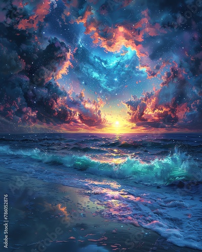 A beautiful painting of a beach at sunset. The sky is a vibrant mix of oranges, pinks, and purples, and the waves are a deep blue. The sand is a soft, light brown, and the beach is lined with palm tre photo