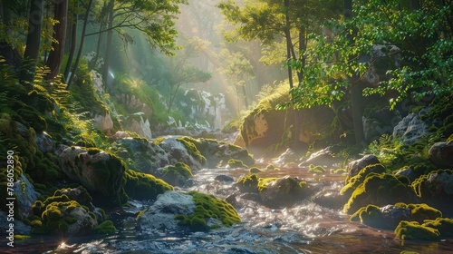 A serene mountain stream winding its way through a sun-dappled forest, with moss-covered rocks and vibrant foliage lining its banks, a tranquil oasis amidst the wildernes photo