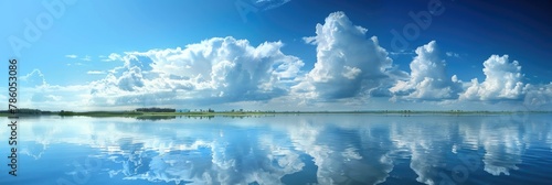 Blue Sky Horizon. Beautiful Panorama of Kama River with Calm Lake and Reflecting Clouds photo
