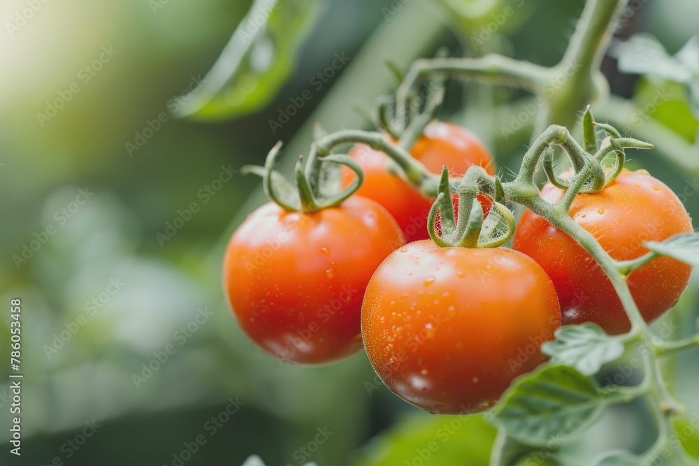 Garden Tomato. Ripe Tomatoes on Green Branch. Home Grown Vegetables in Greenhouse