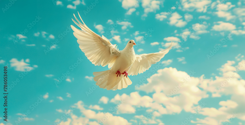 A white dove flies through a blue sky A white dove flies through a blue sky