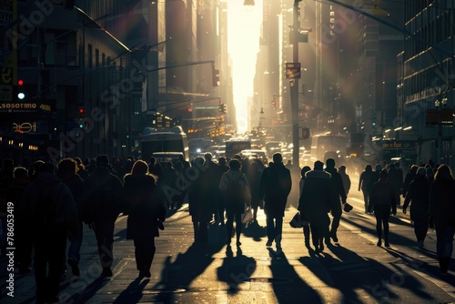 People In A City. Anonymous Crowd Walking on City Street, Backlit with Business Commuters photo