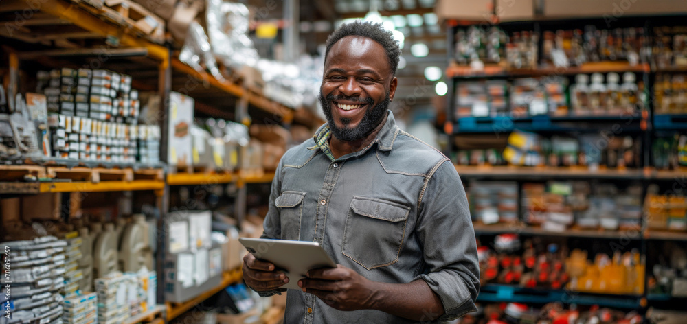 Fototapeta premium A man is smiling and holding a tablet in a store