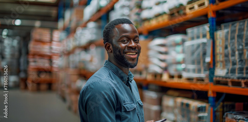 A man is smiling in a warehouse with shelves full of boxes