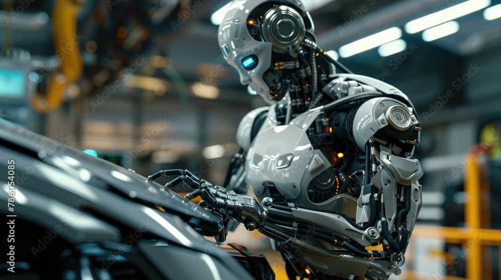 Skilled Robot Mechanic Expertly Repairing and Servicing Diverse Automotive Fleet in Advanced Futuristic Workshop Skilled Robot Mechanic Expertly Repairing and Servicing Diverse Automotive Fleet in Advanced Futuristic Workshop