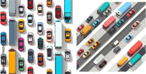 Street driver, city vehicle air pollution or cargo jams cars driving art for game illustration