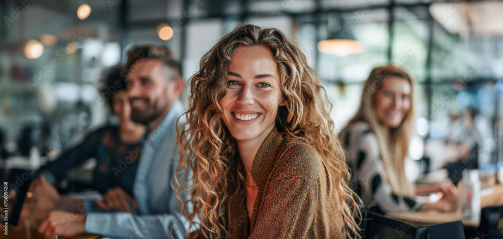 A woman with curly hair is smiling at the camera in a restaurant A woman with curly hair is smiling at the camera in a restaurant