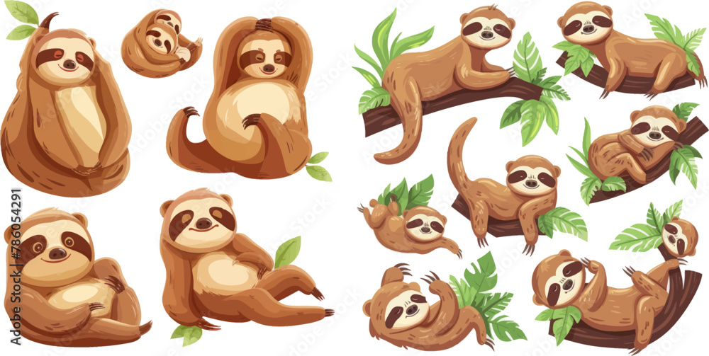 Naklejka premium Cartoon sloths family. Adorable sloth sleepy animal at jungle rainforest different lazy sleeping