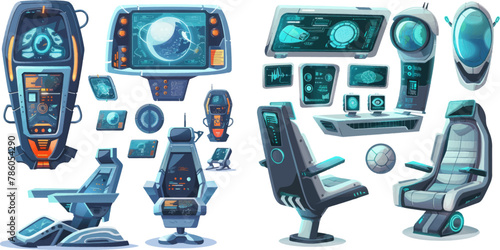 Spaceship cockpit and screen, chair and door. Rocket equipment, game vector set