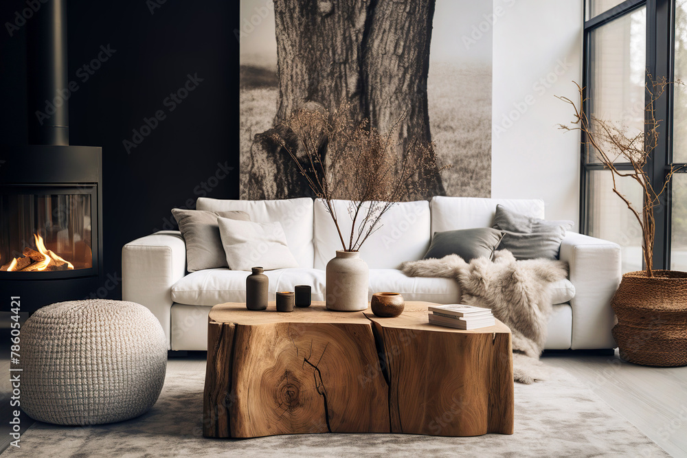 Obraz premium Scandinavian interior design of modern living room, home. Tree stump coffee table, knitted pouf near white sofa. Room with fireplace.