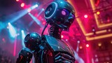 Captivating Robot Actor Delivering Mesmerizing Performance on Futuristic Stage with Dramatic Lighting and Digital Backdrop