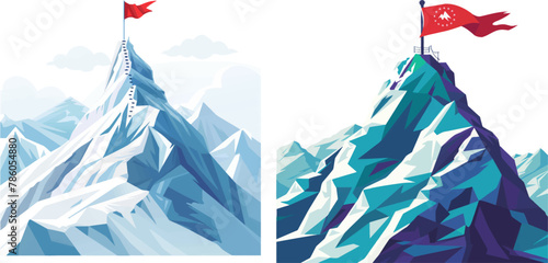 Climbing to mountains with red flag on top vector illustration
