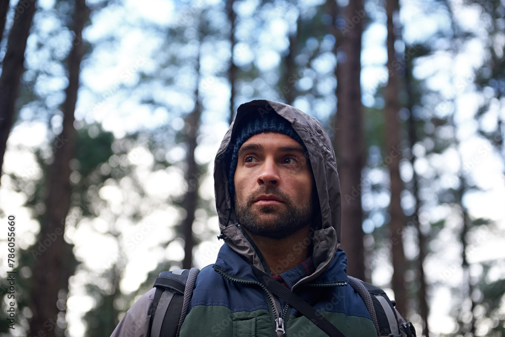 Trekking, man and zen in forest for adventure, vacation and fitness in nature with trees. Sport, training and leisure in woods for workout, journey and athletic male person with backpack for winter. Trekking, man and zen in forest for adventure, vacation and fitness in nature with trees. Sport, training and leisure in woods for workout, journey and athletic male person with backpack for winter.