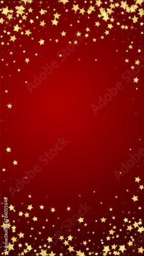 Magic stars vector overlay. Gold stars scattered around randomly  falling down  floating. Chaotic dreamy childish overlay template. on red background.