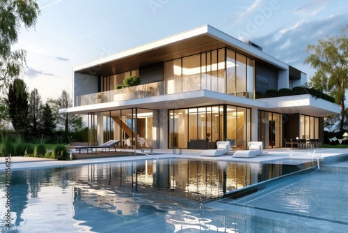 Modern House with Pool. Luxury Home with Stunning Exterior and Swimming Pool