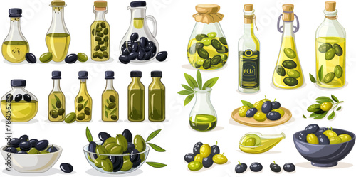 Black and green olives in jars, healthy virgin oil in bottles and bowl.