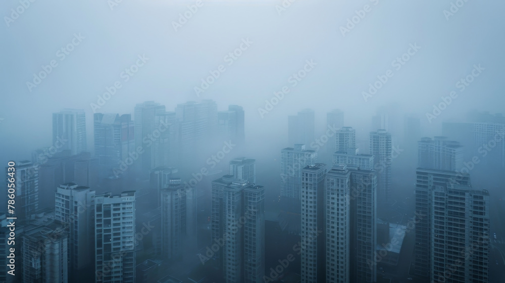 Aerial view urban cityscape with thick pm 2.5 pollution smog fog covering city high-rise buildings, blue sky