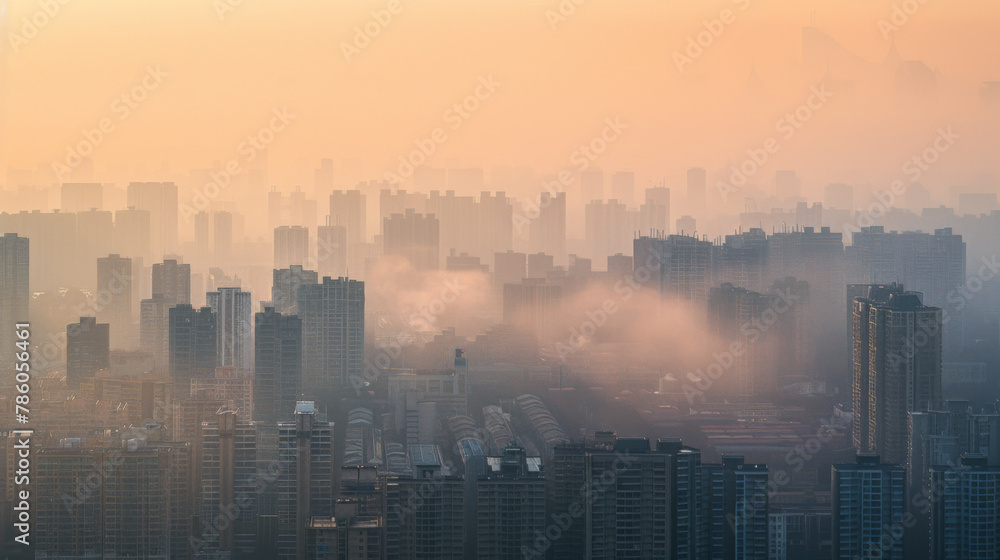 Fototapeta premium Aerial view urban cityscape with thick pm 2.5 pollution smog fog covering city high-rise buildings, orange sky