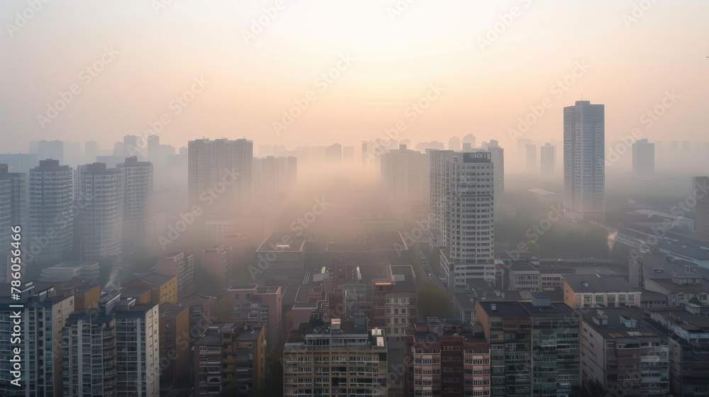Aerial view urban cityscape with thick pm 2.5 pollution smog fog covering city high-rise buildings, orange sky