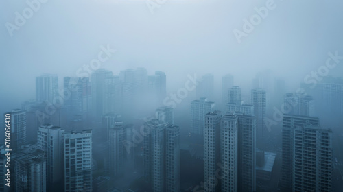 Aerial view urban cityscape with thick pm 2.5 pollution smog fog covering city high-rise buildings  blue sky