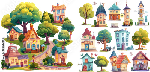 Cartoon town street buildings, houses, shops, trees and flashlight for kids