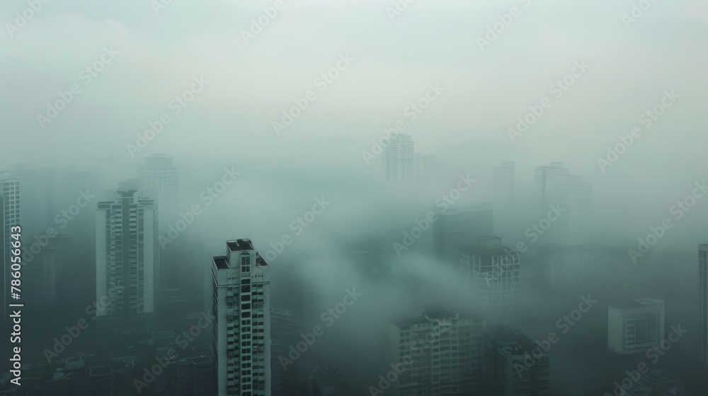 Aerial view urban cityscape with thick white pm 2.5 pollution smog fog covering city high-rise buildings, green sky
