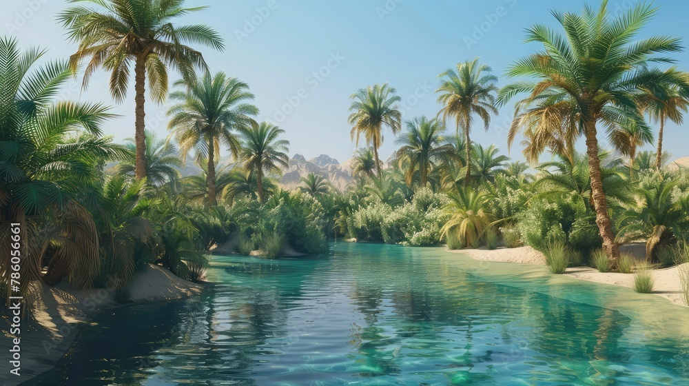 A serene desert oasis surrounded by towering palms and lush greenery, with crystal-clear waters reflecting the cloudless sky in a tranquil tableau of natural beauty