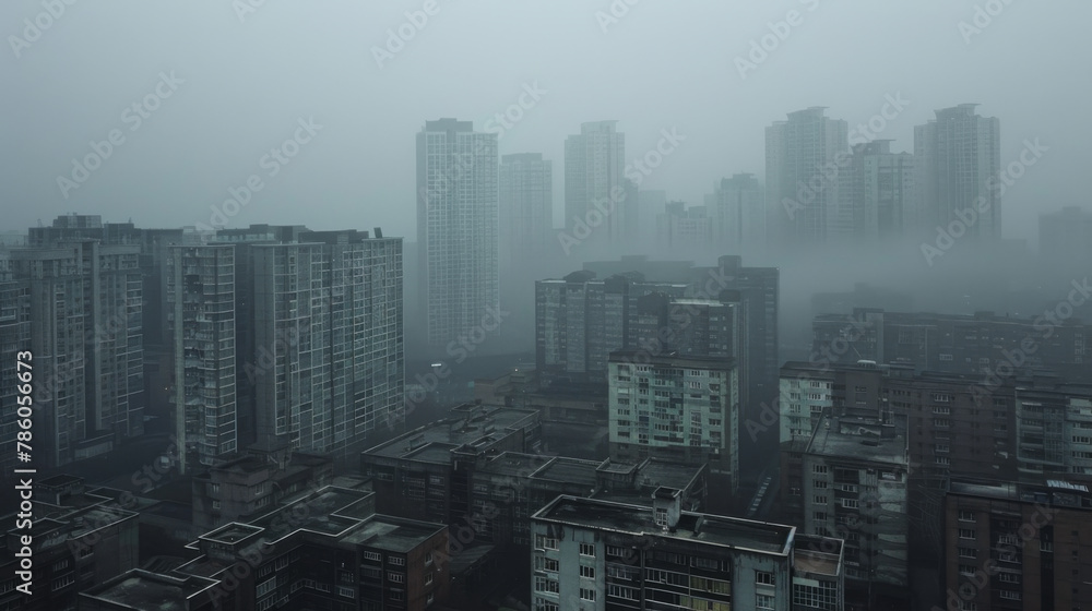 Aerial view urban cityscape with thick white pm 2.5 pollution smog fog covering city high-rise buildings