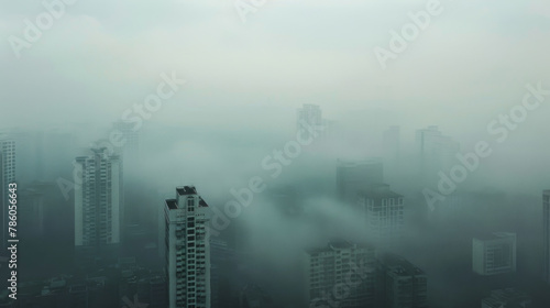 Aerial view urban cityscape with thick white pm 2.5 pollution smog fog covering city high-rise buildings, green sky © myboys.me