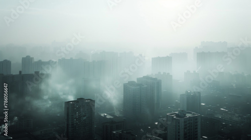 Aerial view urban cityscape with thick pm 2.5 pollution white smog fog covering city high-rise buildings