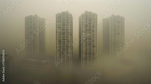 Aerial view urban cityscape with thick pm 2.5 pollution smog fog covering city high-rise buildings, yellow sky © myboys.me