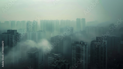 Aerial view urban cityscape with thick white pm 2.5 pollution smog fog covering city high-rise buildings, green sky © myboys.me