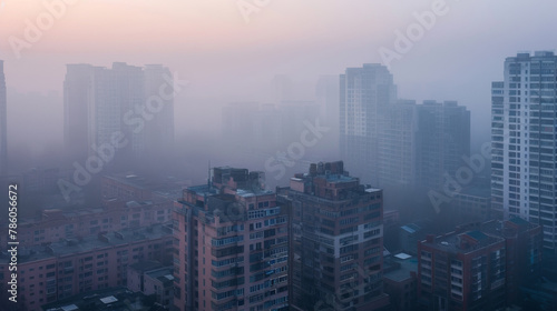 Aerial view urban cityscape with thick pm 2.5 pollution smog fog covering city high-rise buildings, orange and blue sunset sky © myboys.me