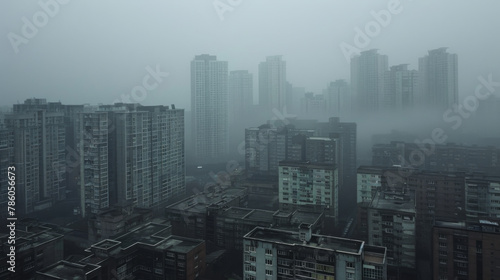 Aerial view urban cityscape with thick white pm 2.5 pollution smog fog covering city high-rise buildings © myboys.me