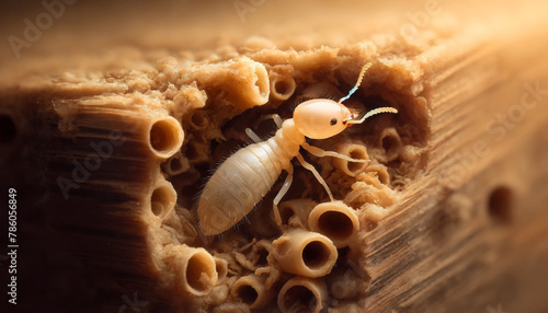 a termite with a pale, almost translucent body, navigating through a network of mud tubes on a wooden surface